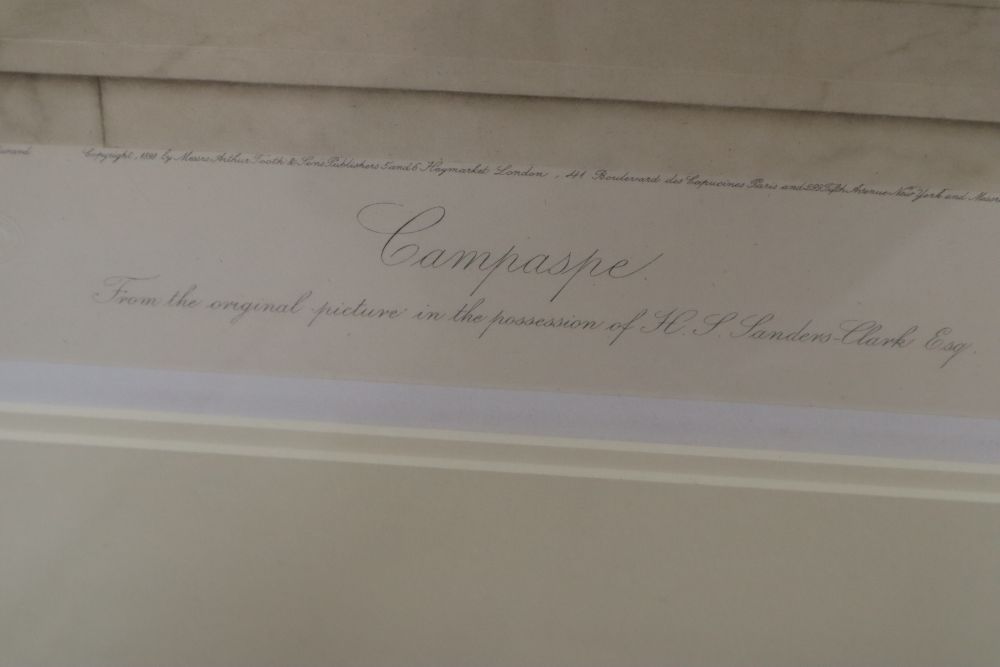 After F. Wheatley RA (1747-1801), Cupid Unveiling Venus, coloured engraving and another print, Campaspe